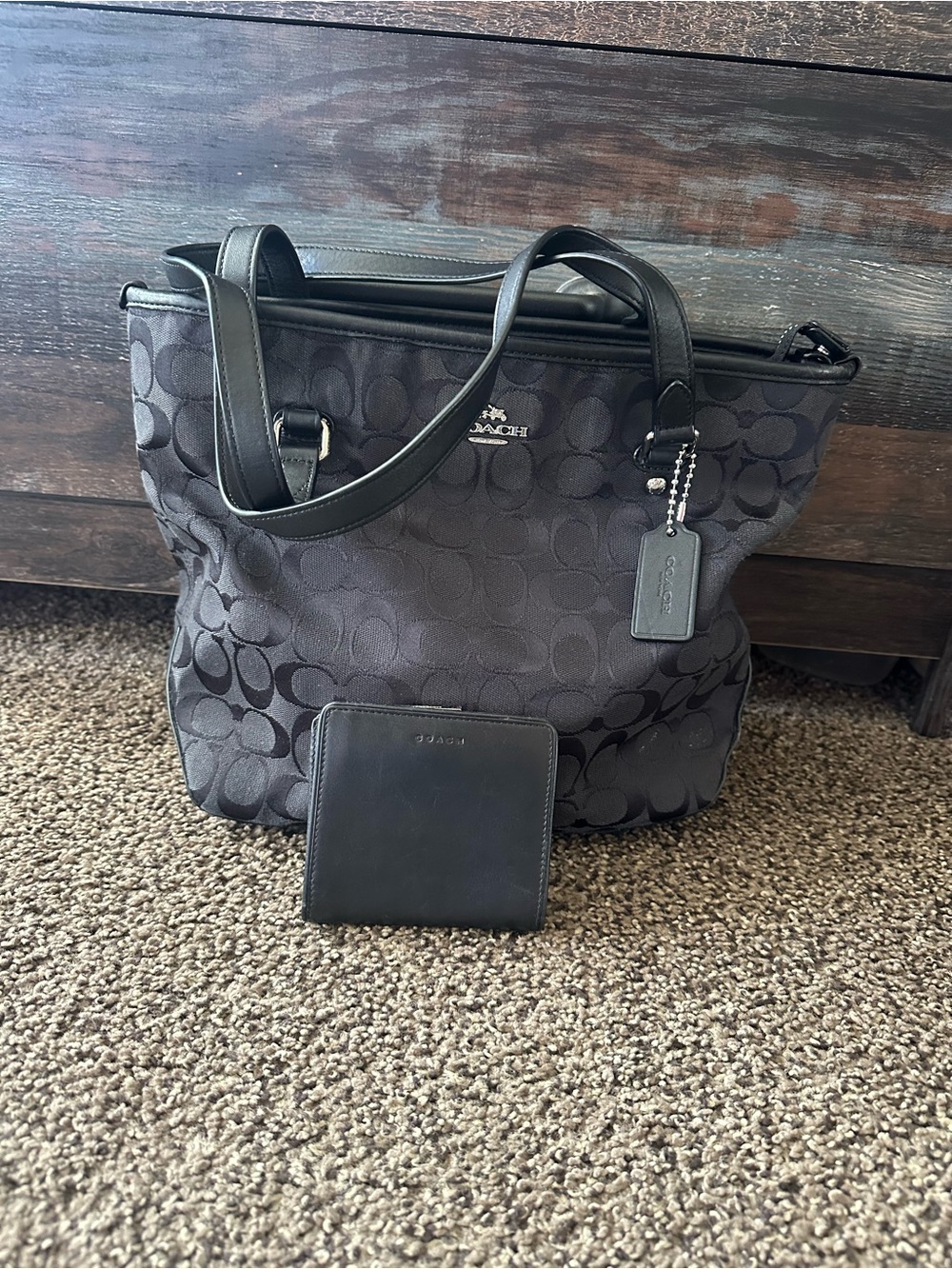 Coach Black Signature Canvas Tote with Wallet